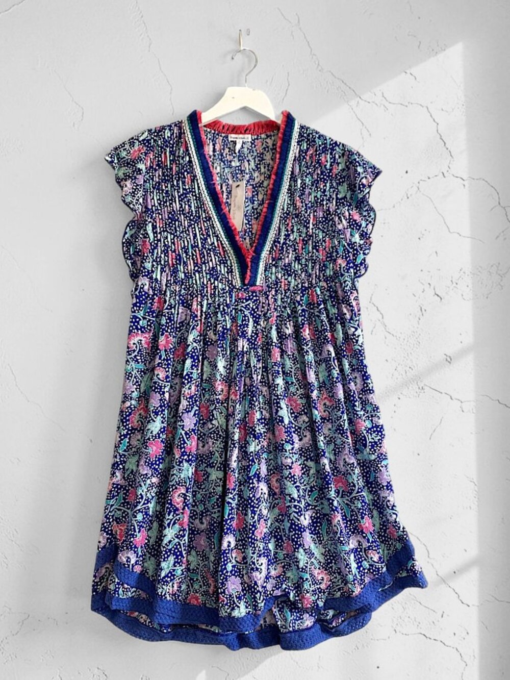 Poupette St Barth Sasha Floral Printed Mini Dress, Blue Clary, Size XS, NWT
